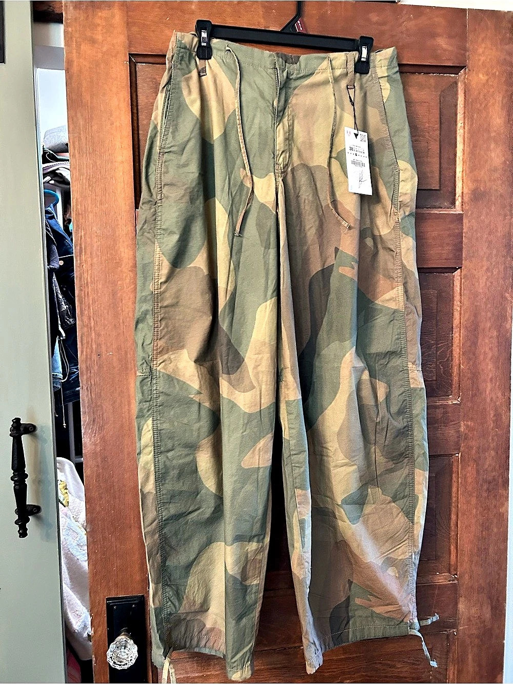 Zara Printed Wide-Leg Drawstring Pants Camo Green & Brown Size 38